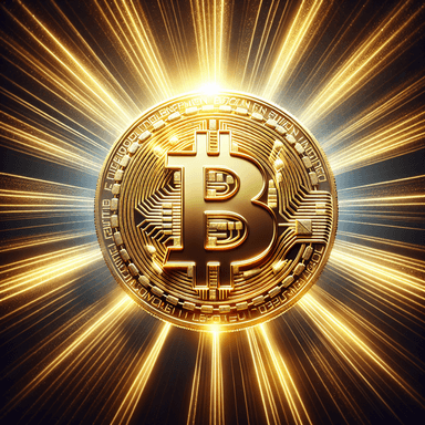 A golden Bitcoin symbol glowing with radiant light.