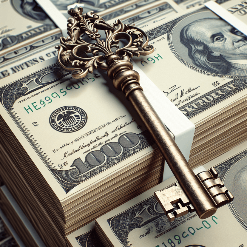 An antique metal key resting on a tall stack of cash bills.