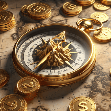 A golden compass pointing towards a mountain of gold coins on an antique map adorned with currency symbols.