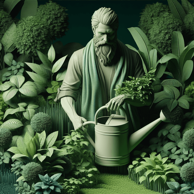 A person of South Asian descent standing in a garden holding a watering can, surrounded by lush, thriving plants.