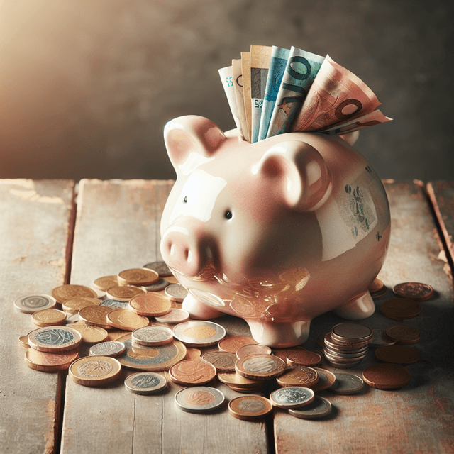 A pink piggy bank overflowing with coins and banknotes on a wooden table.